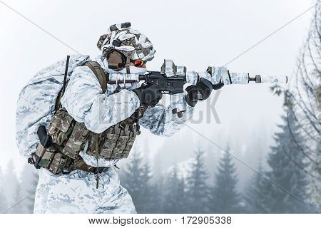 Winter arctic mountains warfare. Action in cold conditions. Trooper with weapons in forest somewhere above the Arctic Circle. Profile, side view