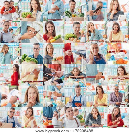 Smiling people at the store customers doing grocery shopping and supermarket clerks picture collage