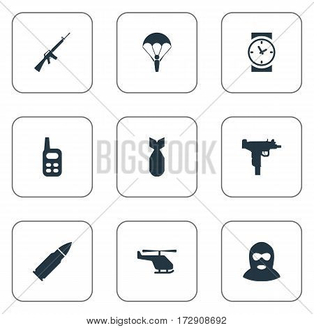 Set Of 9 Simple Military Icons. Can Be Found Such Elements As Helicopter, Terrorist, Ammunition And Other.