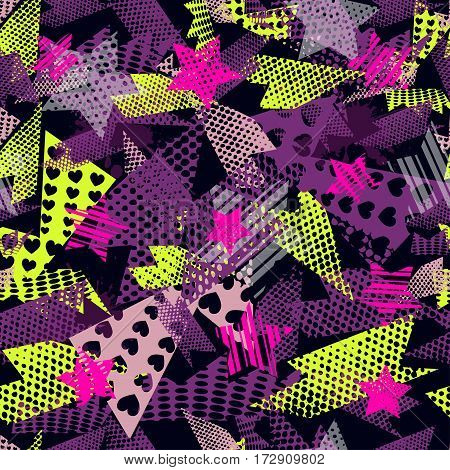 Abstract Seamless Pattern For Girls,boys.creative Vector Background With Hearts, Stars, Geometric Fi