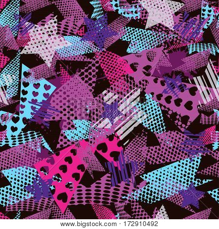 Abstract Seamless Pattern For Girls,boys.creative Vector Background With Hearts, Stars, Geometric Fi