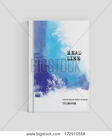 Blue abstract design. Ink paint on brochure Watercolor element isolated on white. Grunge banner paints. Simple composition. Liquid ink. Background for banner card poster identityweb design.