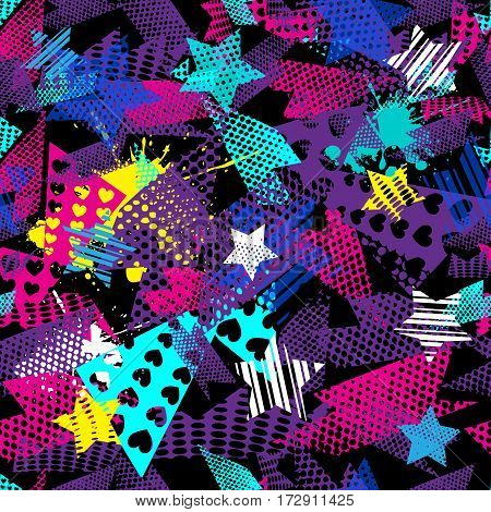 Abstract Seamless Pattern For Girls,boys.creative Vector Background With Hearts, Stars, Geometric Fi