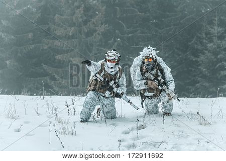 Winter arctic mountains warfare. Action in cold conditions. Pair of special forces weapons in forest somewhere above the Arctic Circle