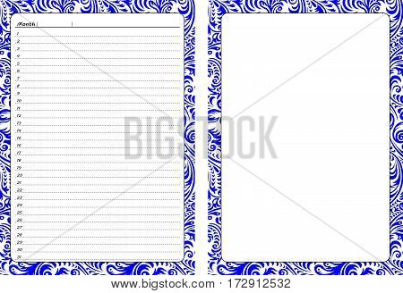 Set of pages template for daily planner. Printable for scrapbooking. Blue openwork ornament design. Part 4. Page for every day in month notes and empty sheet with border. Vector illustration.