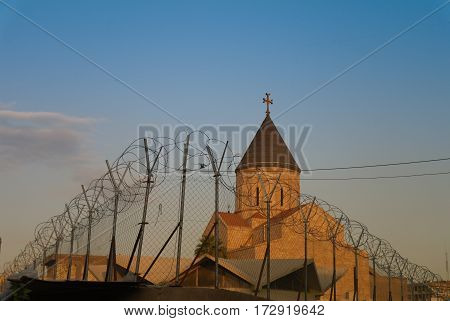 Armenian church behind barbed wire Baghdad Iraq