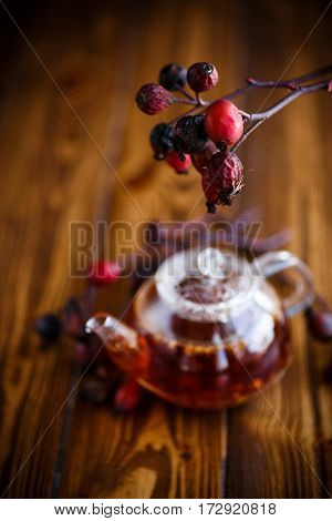 Dried red rose hips and tea on a black background