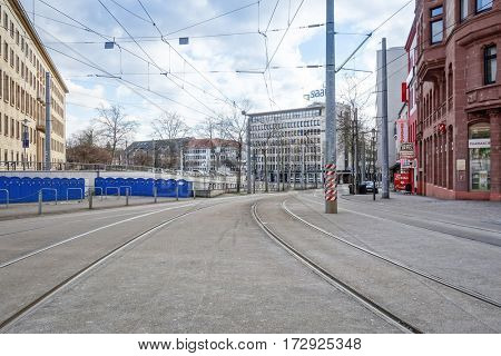 SAARBRUCKEN, GERMANY - January 17, 2017: street view of Saarbrucken, is the capital and largest city of the state of Saarland. January 17, 2017 in Saarbrucken, Germany