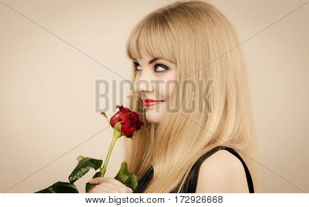 Glamour and fashion. Gorgeous lovely charming young lady portrait. Smiling attractive blonde stylish woman with strong make up.