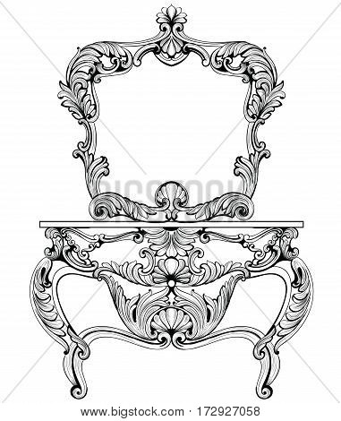 Fabulous Baroque Console Table and Mirror frame set. Vector French Luxury rich carved ornaments. Victorian wealthy Style furniture decor