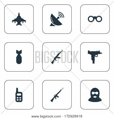 Set Of 9 Simple Army Icons. Can Be Found Such Elements As Kalashnikov, Terrorist, Field Glasses And Other.