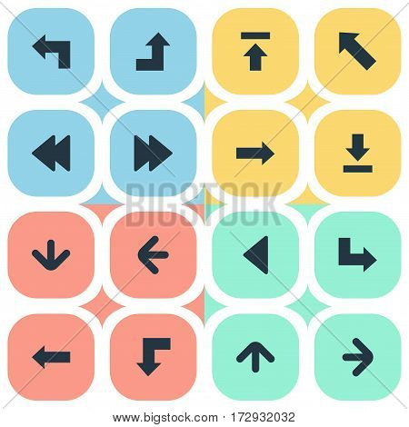 Set Of 16 Simple Pointer Icons. Can Be Found Such Elements As Pointer, Downwards Pointing, Rearward And Other.