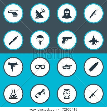 Set Of 16 Simple War Icons. Can Be Found Such Elements As Rifle Gun, Kalashnikov, Firearm And Other.