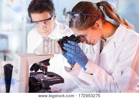 Life scientists researching in laboratory. Female young scientist and her post doctoral supervisor microscoping in their working environment. Healthcare and biotechnology.