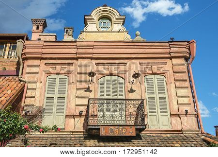 Tbilisi, Georgia - May 5, 2016: Cafe Gabriadze next to famous landmark - Rezo Gabriadze Marionette Theater in  old Tbilisi, Georgia on May 5, 2016