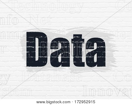 Data concept: Painted black text Data on White Brick wall background with  Tag Cloud
