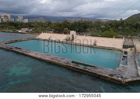 Aerial image of the Waikiki Natatorium War Memorial