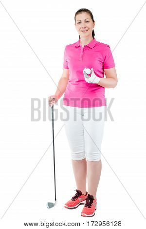 Woman With A Golf Club And Ball In Full Length Posing On A White Background