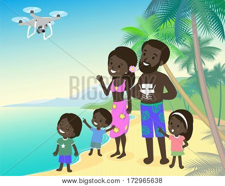 Big family mom dad and three children kids boy girl on vacation seashore ocean sea with quadcopter drone african indian vector flat cartoon