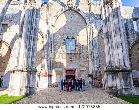 LISBON PORTUGAL - JANUARY 19 2017: Convent of Our Lady of Mount Carmel (Portuguese: Convento da Ordem do Carmo) in Lisbon Portugal.