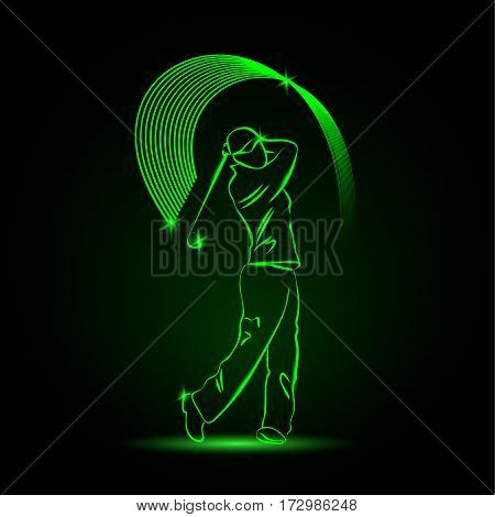 Golf player with a stick. Vector neon illustration.