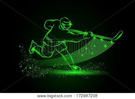 Hockey player, sport background. Vector neon illustration.