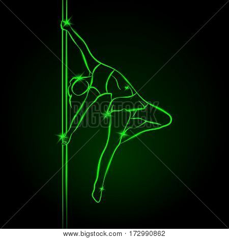 Girl on the pole. Pole dance vector neon illustration.