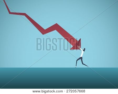 Bankrupt Businesswoman Pushed By Downward Arrow Vector Concept. Symbol Of Bankruptcy, Failure, Reces