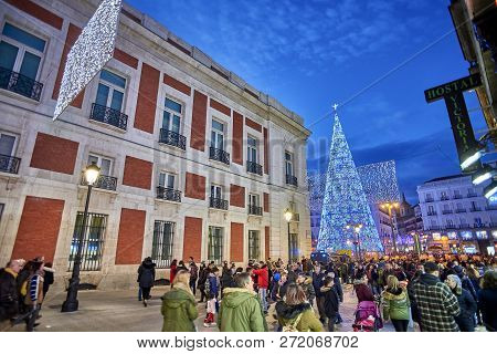 Madrid, Spain - December 1, 2018. Puerta Del Sol Square At Nightfall Illuminated By Christmas Lights