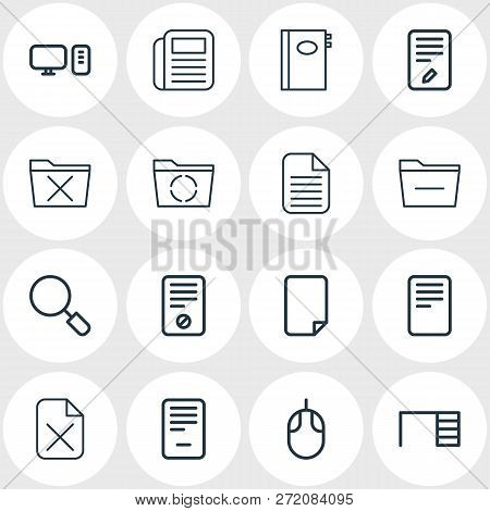 Vector Illustration Of 16 Workplace Icons Line Style. Editable Set Of Uninstall, Computer, Document 