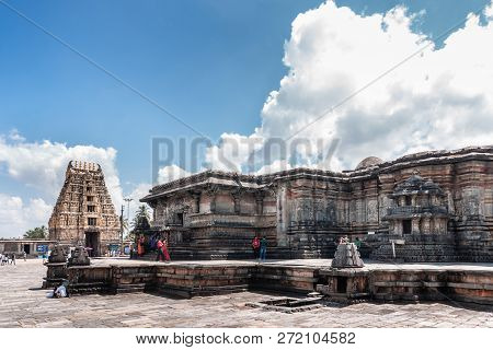 Belur, Karnataka, India - November 2, 2013: Chennakeshava Temple. Brown Stone Gopuram Of Main Entran