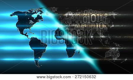 World Map With Continents From A Binary Code With A Background Of Abstract Circuit Boards, Electroni