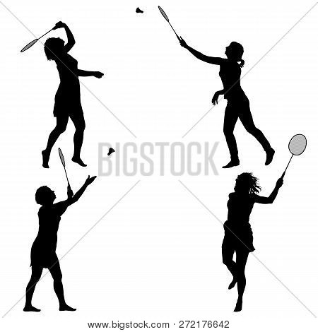 Black Set Silhouette Of Female Badminton Player On White Background