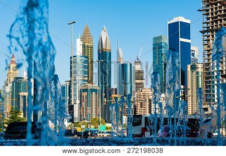 Dubai, United Arab Emirates - November 30, 2018: Dubai Downtown Skyscrapers At Day Time View From Th