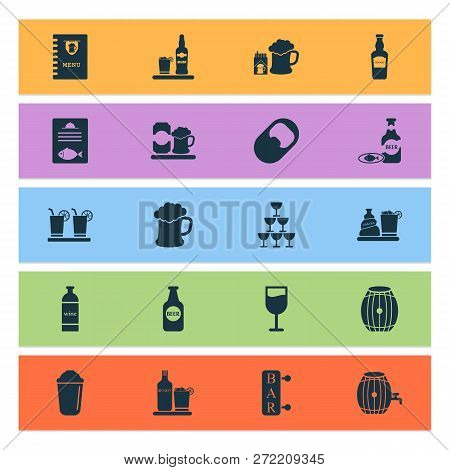 Drink Icons Set With Ale Mug, Bottle Of Wine, Liquor And Other Chacha With Ice Elements. Isolated  I