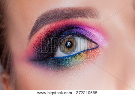 Amazing Bright Eye Makeup In Luxurious Blue Shades. Pink And Blue Color, Colored Eyeshadow. Close Up
