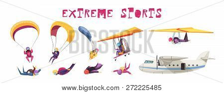 Skydiving Extreme Sport Elements Flat Icons Collection With Parachute Jump Free Fall Airplane Glider