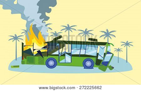 Destroyed Bus In Fire Concept Banner. Flat Illustration Of Destroyed Bus In Fire Vector Concept Bann