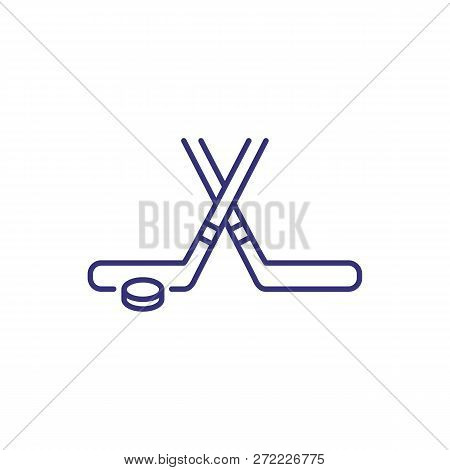 Ice Hockey Line Icon. Hockey Bandy And Puck On White Background. Sport Concept. Vector Illustration 