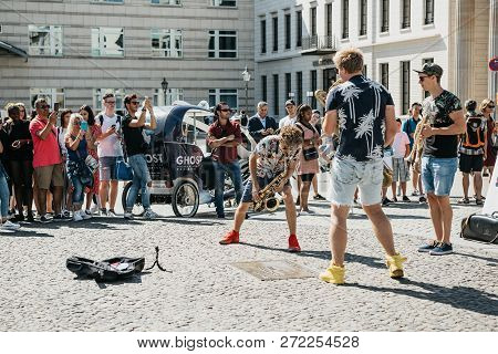 Germany, Berlin, September 05, 2018: A Group Called Blowing Doozy Plays Jazz On The Square Next To T