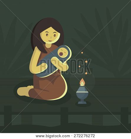 Asian Woman With A Baby Sitting On The Bridge. Palm Trees And River On The Background. Vector Illust