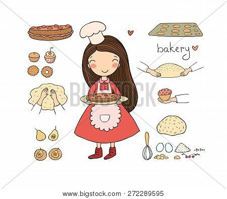 Cartoon Girl Bakes A Cake On A White Background. Cute Woman Cooks In The Kitchen. Small Home Bakery.