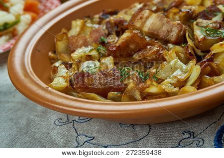 Brunkal, Swedish  Braised Cabbage, Homemade Cuisine, Traditional Assorted Dishes, Top View.