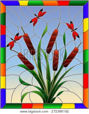 Illustration In Stained Glass Style With Bouquet Of   Bulrush And Red Dragonflies On A Sky Backgroun