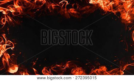 Frame Of Real Fire Flames Burn Motion Smpke On Isolated Black Background