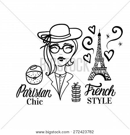 Parision Chic Lettering Type. French Style Woman Fashion Black Illustration Woman. Vector Hand Sketc