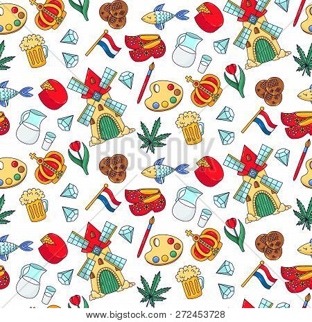 Holland Netherlands Doodle Cute Traditional Cartoon Icons Souvenirs Seamless Vector Pattern