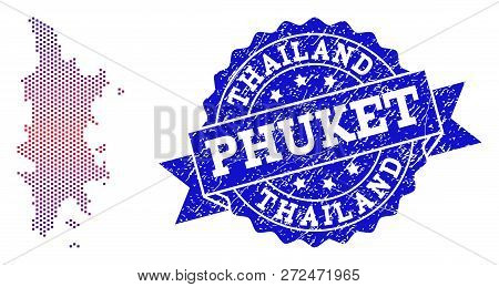 Geographic Combination Of Dotted Map Of Phuket And Grunge Seal Stamp. Mosaic Vector Map Of Phuket Fo
