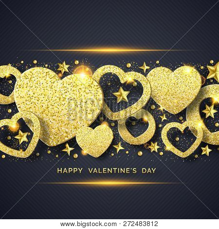 Valentines Day Horizontal Background With Shining Golden Heart, Stars, Balls And Confetti. Holiday C