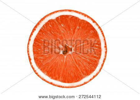 One Isolated Grapefruit Slices On A White Background. Top View. Red Color.